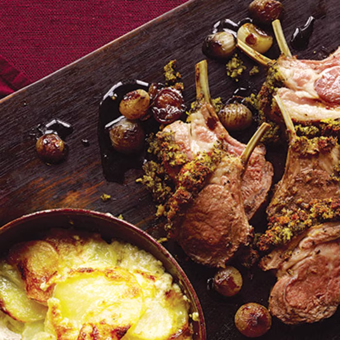 Rosemary-Crusted Rack of Lamb with Sticky Shallots