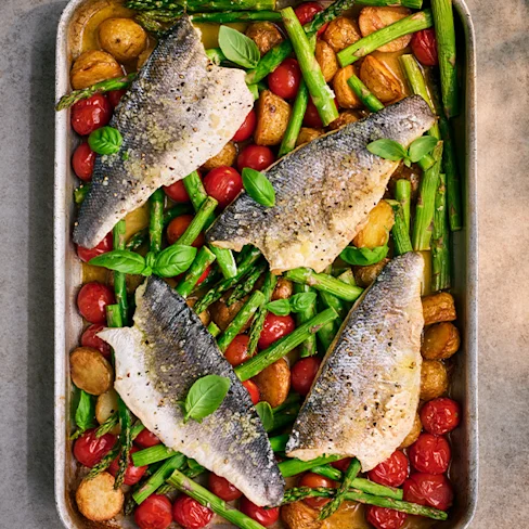 One-Pan Sea Bass with Asparagus & New Potatoes