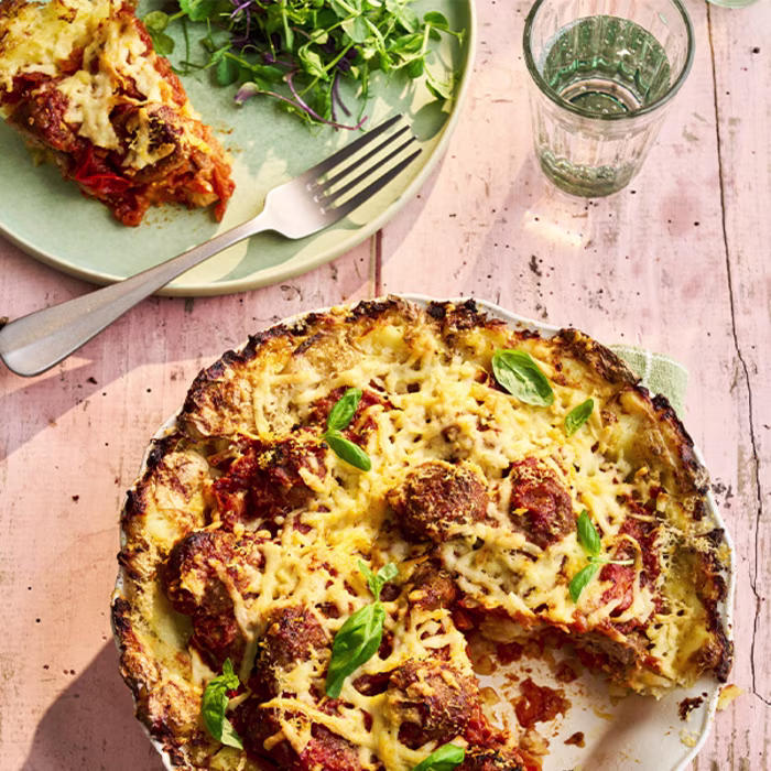 Cherry Tomato & Meatball Ragu with a Crispy Baby Potato Crust