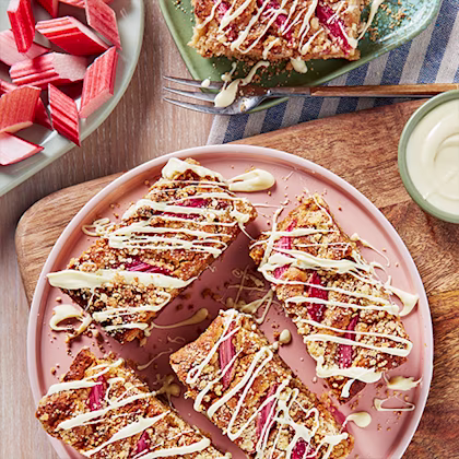 rhubarb crumble bites drizzled with white chocolate