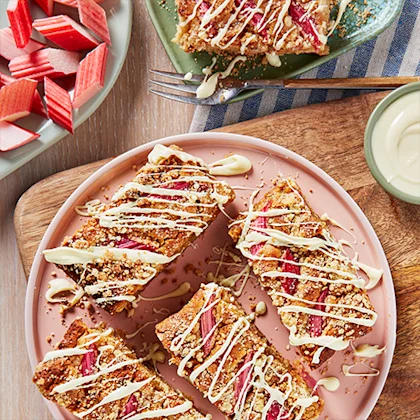 rhubarb crumble bites drizzled with white chocolate