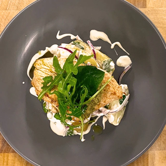 Lemon Marinated Turkey Steak with a Warm Potato Salad and Pesto