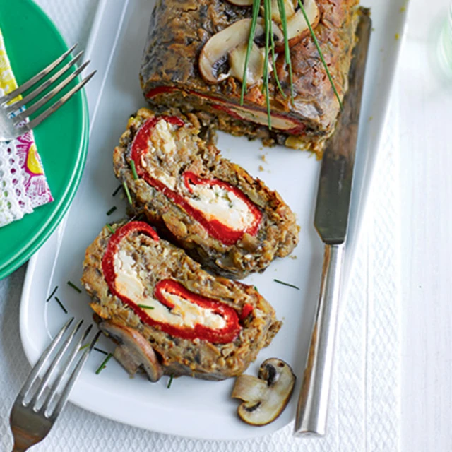 Mushroom, Red Pepper and Blue Cheese Roulade