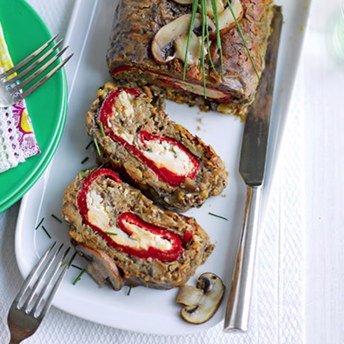 Mushroom, Red Pepper and Blue Cheese Roulade