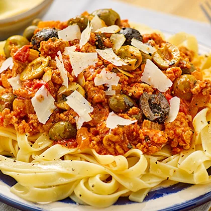 Tagliatelle Bolognese with Olives and Capers