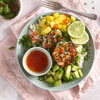 Speedy Asian Fish Cakes with Mango, Avocado & Rice