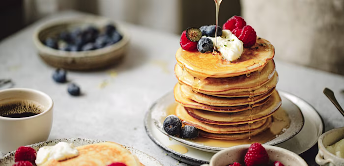 sweet syrup and peach pancake