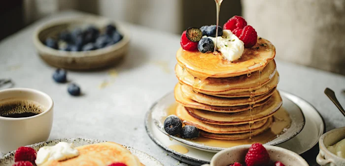 sweet syrup and peach pancake