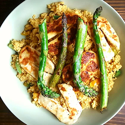 Wonky Asparagus with Halloumi and Cous Cous