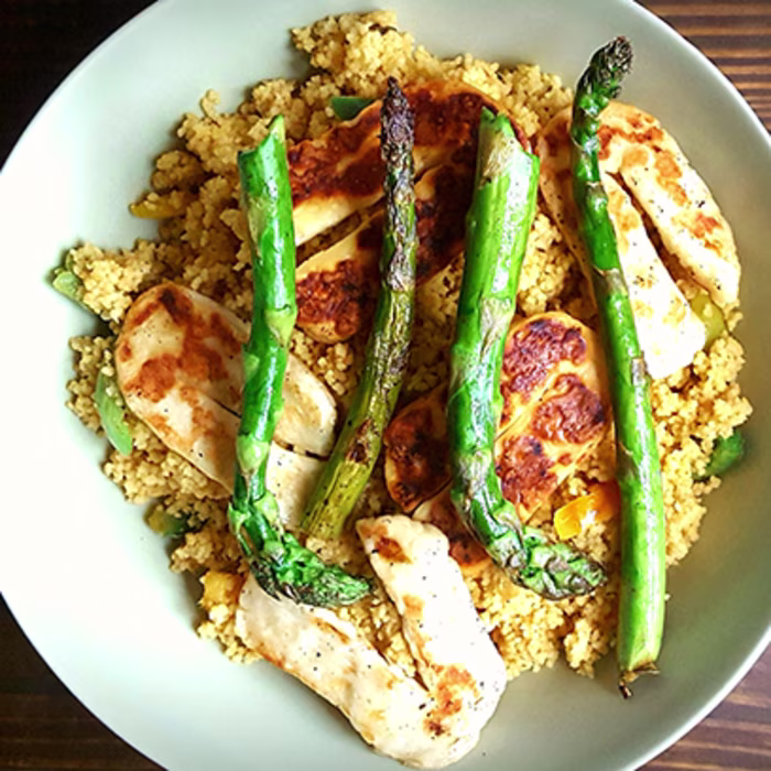 Wonky Asparagus with Halloumi and Cous Cous