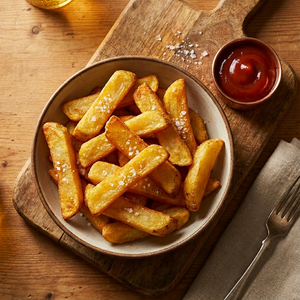 thick chips sprinkled with salt and ketchup side