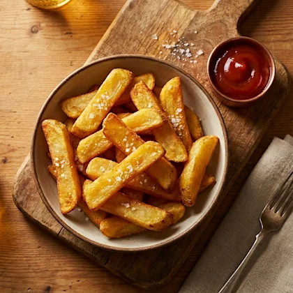 thick chips sprinkled with salt and ketchup side