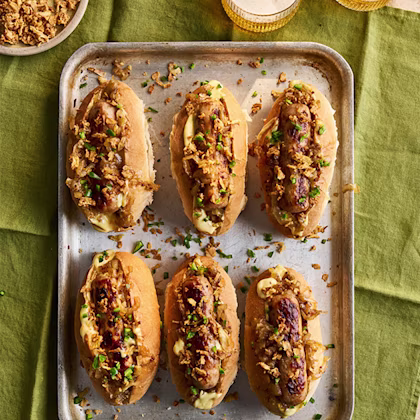 Beer-Glazed Onion Hot Dogs with Dijonnaise