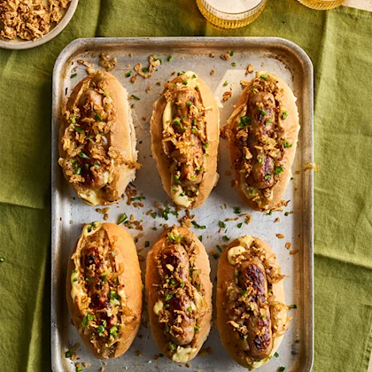 Beer-Glazed Onion Hot Dogs with Dijonnaise