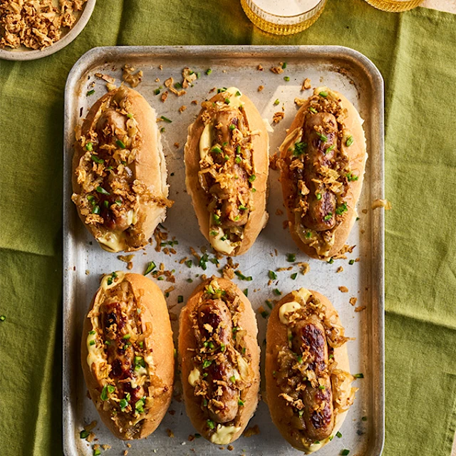 Beer-Glazed Onion Hot Dogs with Dijonnaise
