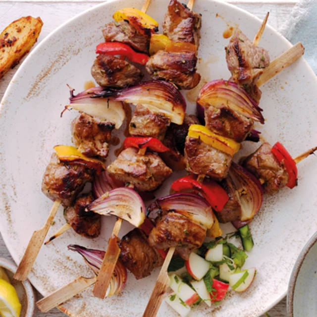 Honey and Mustard Lamb Kebabs with Cucumber Salsa