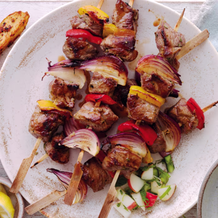 Honey and Mustard Lamb Kebabs with Cucumber Salsa