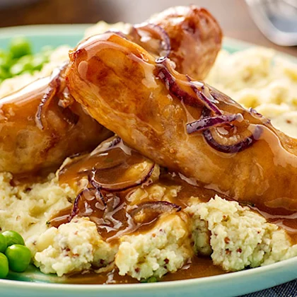Sausage and Mustard Mash with Red Onion Gravy