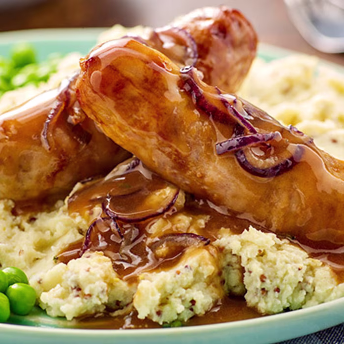 Sausage and Mustard Mash with Red Onion Gravy