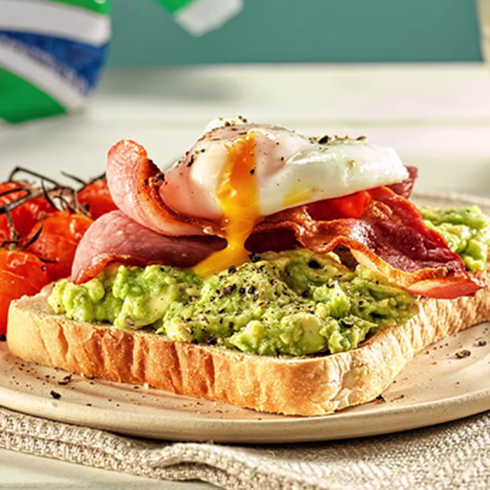 Avocado, bacon & poached egg on toast