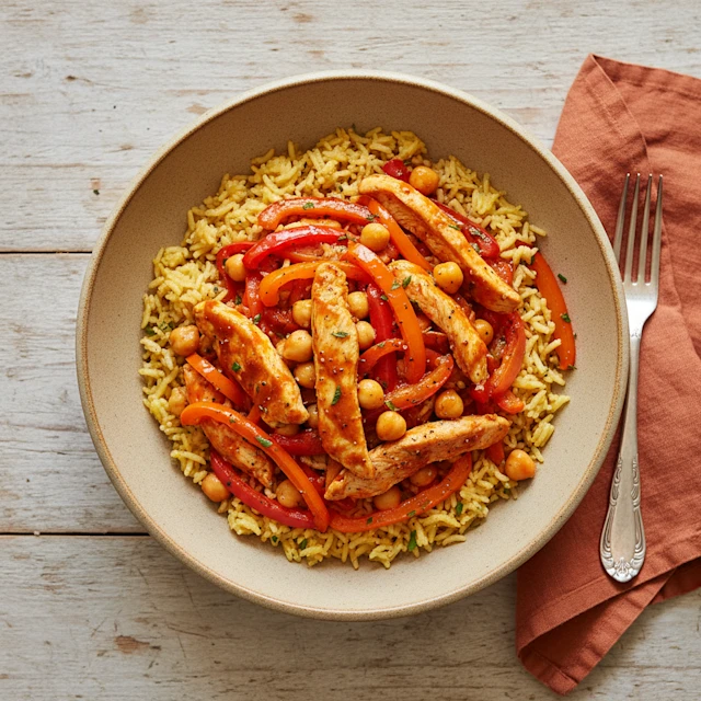 chicken, peppers and chickpeas on a bed of rice