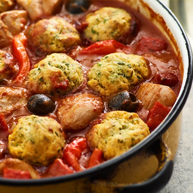 Chicken and Chorizo Stew with Garlic and Herb Dumplings