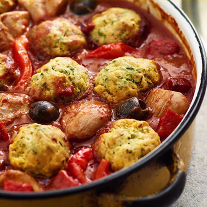 Chicken and Chorizo Stew with Garlic and Herb Dumplings