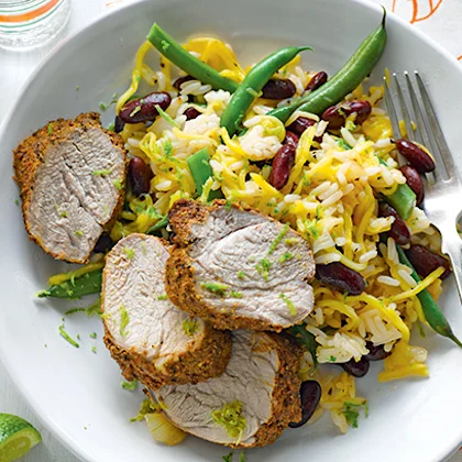 Jerk Pork with Mango and Bean Rice