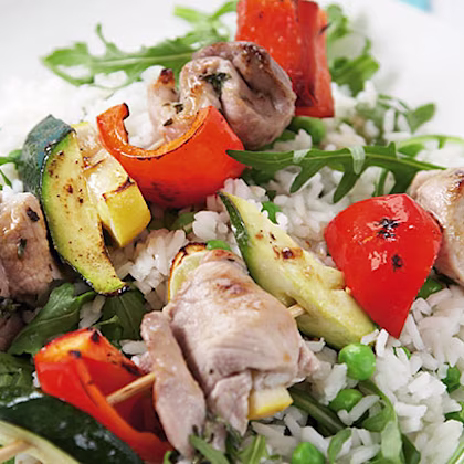 Pork and Pepper Kebabs with Rice and Broad Beans
