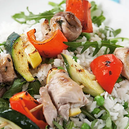Pork and Pepper Kebabs with Rice and Broad Beans
