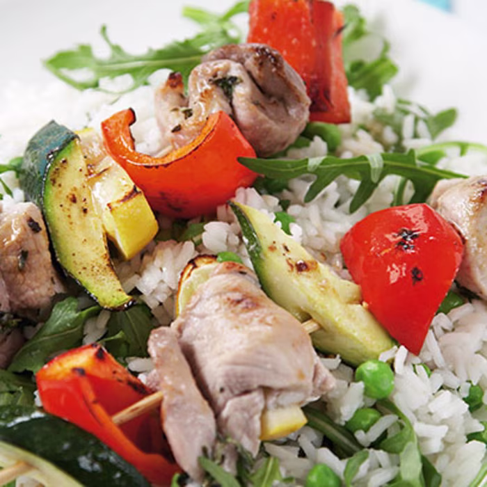 Pork and Pepper Kebabs with Rice and Broad Beans