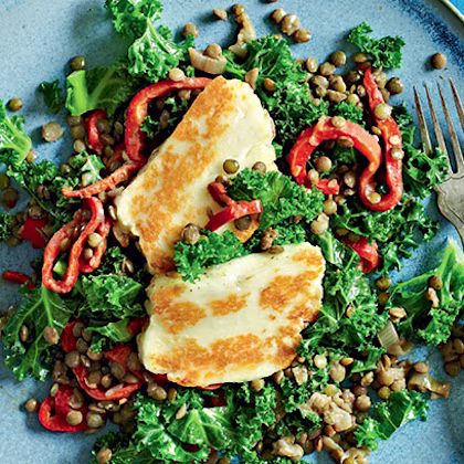 Kale with Lentils and Grilled Halloumi