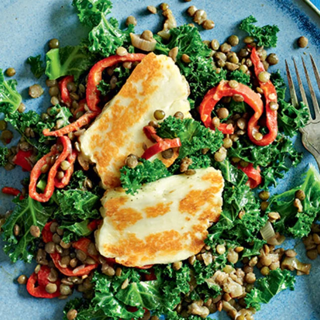 Kale with Lentils and Grilled Halloumi