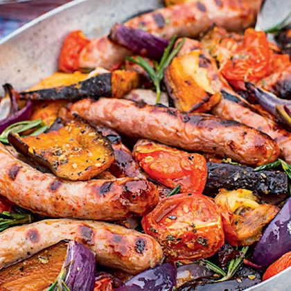 Maple-glazed Sausages with Smoked Aubergines and Tomatoes