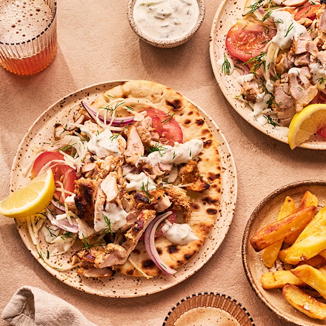 BBQ Chicken Gyros with Dill & Cabbage Salad