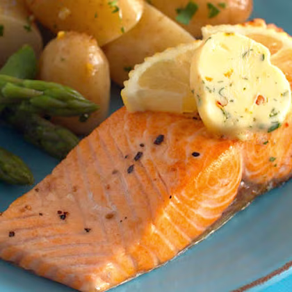 Pan Fried Salmon Fillets with Lemon, Herb and Garlic Butter