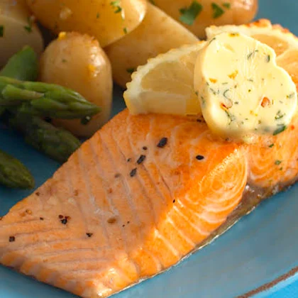 Pan Fried Salmon Fillets with Lemon, Herb and Garlic Butter