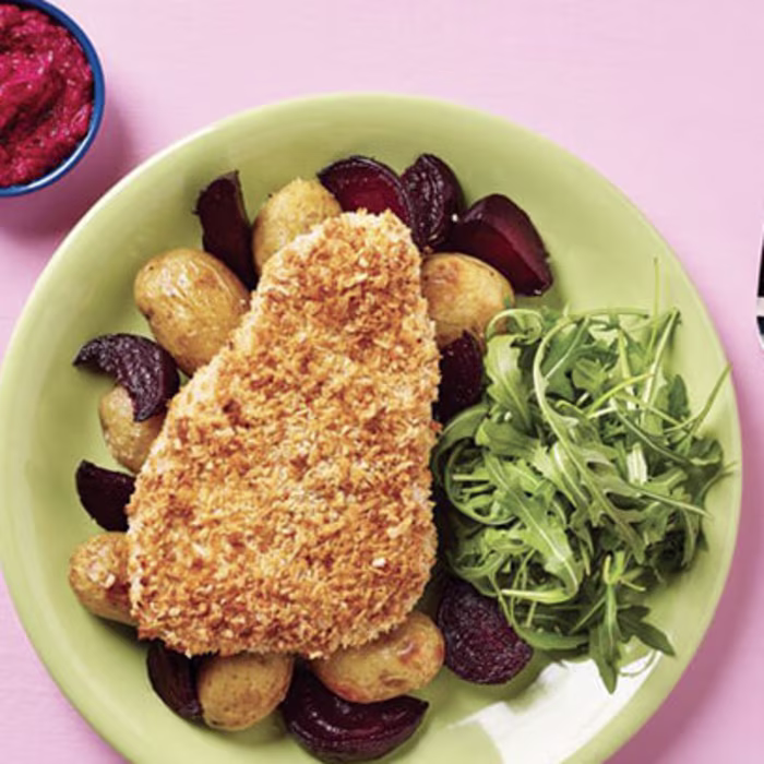 Chicken Schnitzel with Roast Beetroot & Baby Potatoes