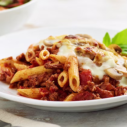 Penne Bolognese Pie with Cheese and Mushroom Crust
