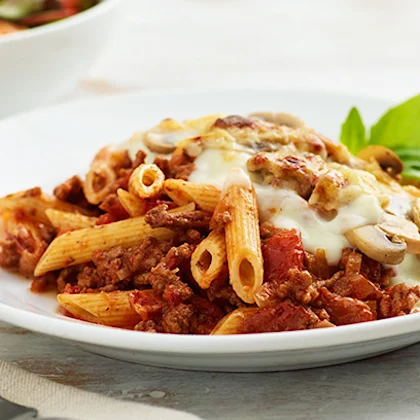 Penne Bolognese Pie with Cheese and Mushroom Crust