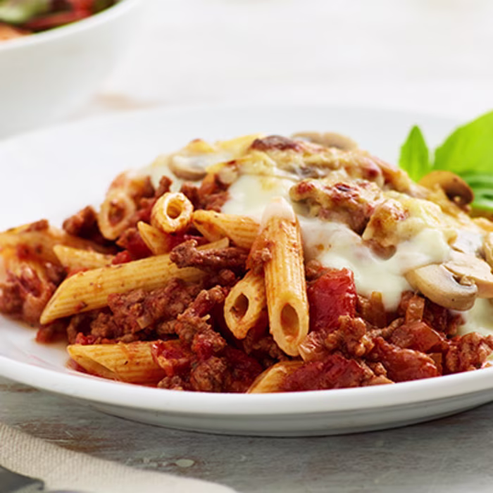 Penne Bolognese Pie with Cheese and Mushroom Crust