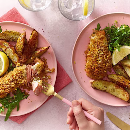 Baked Salmon Gratin with Herby Oven Chips and Rocket