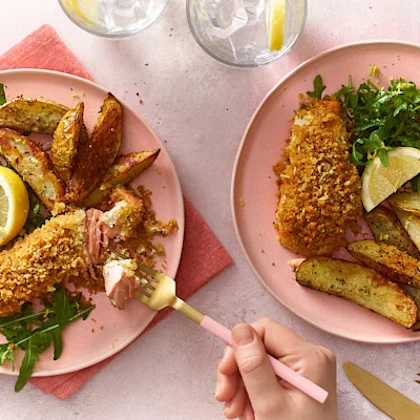 Baked Salmon Gratin with Herby Oven Chips and Rocket