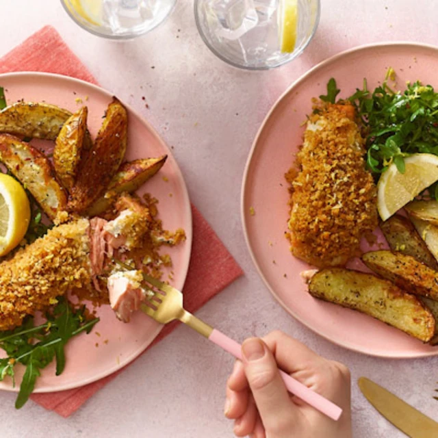 Baked Salmon Gratin with Herby Oven Chips and Rocket