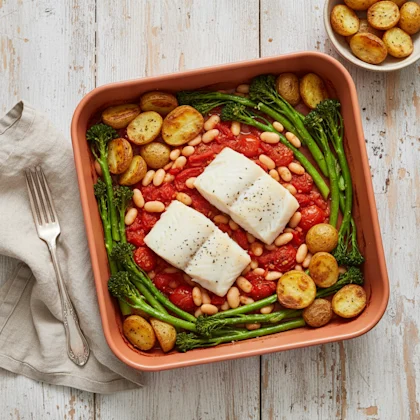 Cod, potatoes and broccoli with Mediterranean Beans in a roasting tray