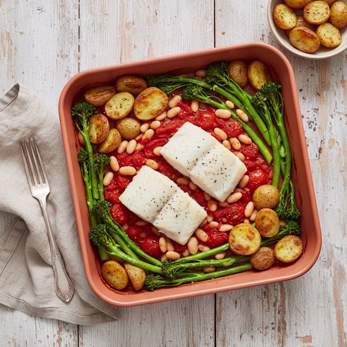 Cod, potatoes and broccoli with Mediterranean Beans in a roasting tray