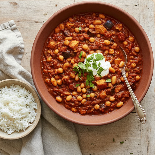 bowl of chilli with a side bowl of rice