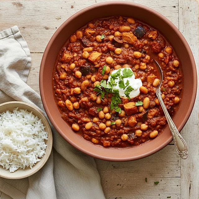 bowl of chilli with a side bowl of rice
