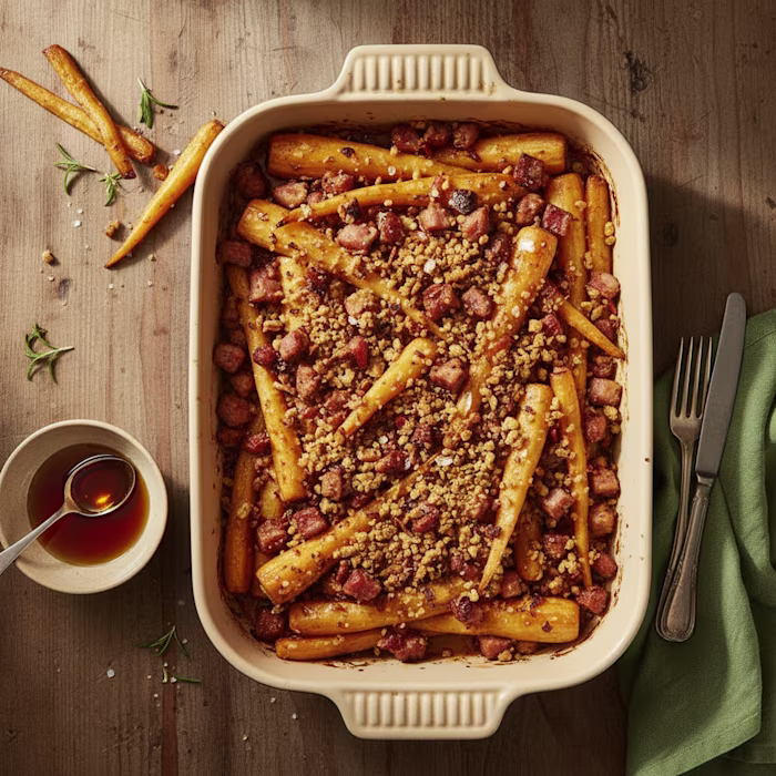 Salted Maple Roasted Parsnips with Crispy Pigs in Blanket Crumble