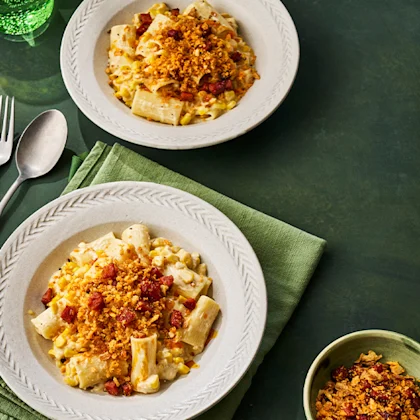 Creamed Sweetcorn Rigatoni with Crispy Chorizo Crumbs